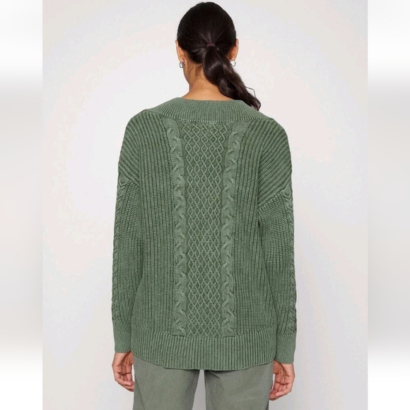 Aerie Oversized Cableknit V Neck Green Sweater, L - Picture 6 of 11